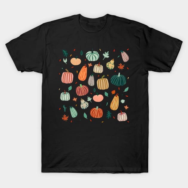 Pumpkins, autumn leaves. Thanksgiving, Halloween, fall illustration T-Shirt by MugDesignStore